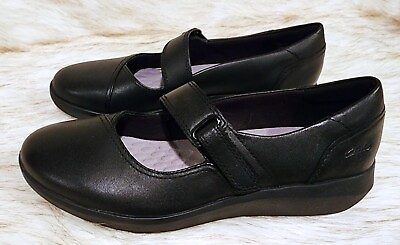 #ad Clarks Mary Jane Black Leather Velco Strap Shoes 7.5