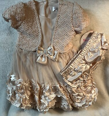 #ad Nannette Baby2 Pc Dress 12Months Pale Pink Sateen Rosettes Tulle Faux Jacket