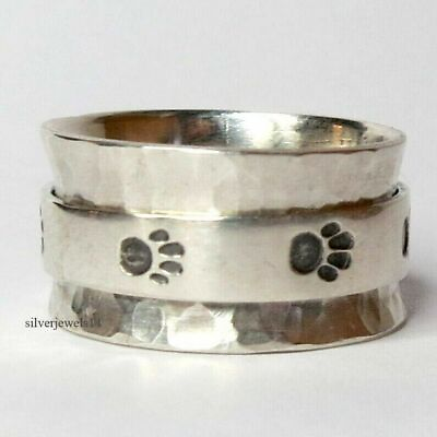 #ad Solid 925 Sterling Silver Paw Print Spinner Ring Handmade Jewelry GS8477
