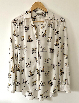 #ad Tu Cream Oversize Blouse Dog Print Dog Lover Long Or Tab Roll Sleeves Collar 12.