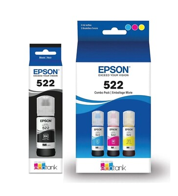 #ad EPSON 522 EcoTank Black Cyan Magenta Yellow Genuine Ink Bottle Exp. 2027