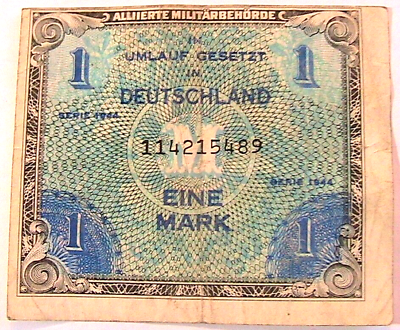 #ad 1944 Germany 1 Mark F VF WWII German AMC Military Currency Paper Money p 192