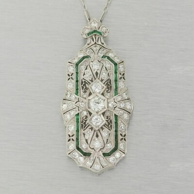 #ad Art Deco Vintage Style Lab Created Diamond amp; Emerald Wedding 925 Silver Pendant
