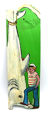 #ad Hand Painted Art on Wood by Hallen Shark Sailor Fishing L.P.F Nautical Boat