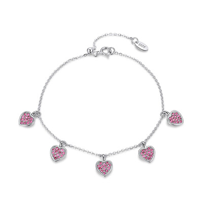 #ad Heart Chain Bracelet for Women Sterling Silver Pink Cubic Zirconia Ginger Lyn...