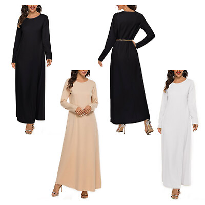 #ad Round Neck Muslim Prayer Long Robes Solid Color Basic Dress Loose Long Sleeve $7.35