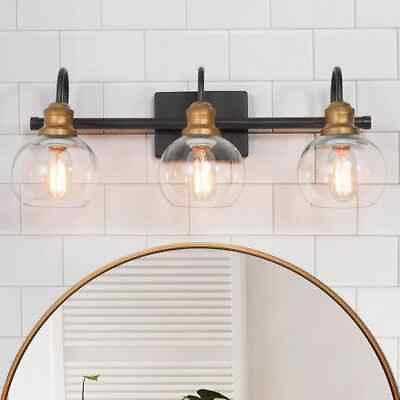 #ad LNC 22 in. 3 Light Modern Aged Brass and Black Bathroom Vanity Light