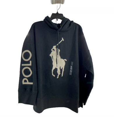 #ad Polo Ralph Lauren Womens OVERSIZED Big Pony Logo Fleece Hoodie Black Size Medium