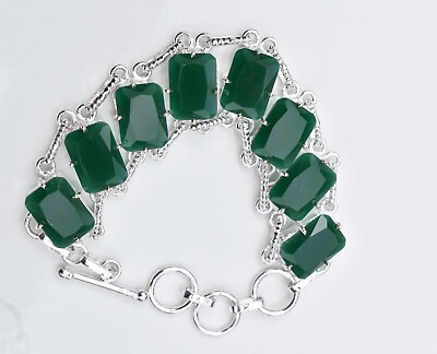 #ad Green Emerald 925 Sterling Silver Gemstone Handmade Jewelry Bracelet Size 7.8quot;