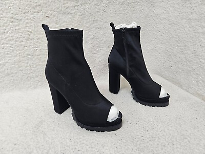 #ad Liliana Women Heel 11 Black Fabric Pull On Peep Toe Ankle Boots Lug Sole Shoes