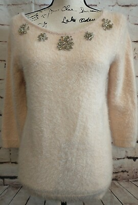 #ad Apricot Peach Scoop Neck Embellished Rhinestone Sweater Pullover Size Small Soft