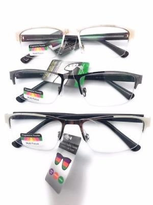 #ad Mens Half Metal Rim Rectangular Multi 3 Power Focus Progressive Reading Glasses