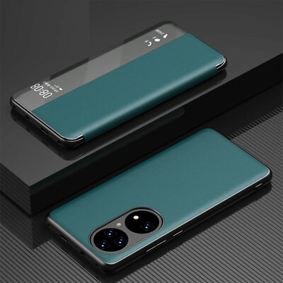 #ad New Luxury Genuine Leather Flip Window Smart Case Cover For Huawei P50 P50 Pro