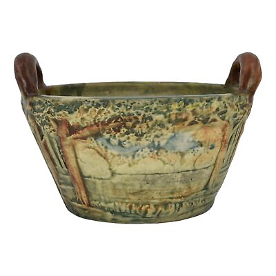#ad Weller Forest 1920s Vintage Pottery Brown Scenic Landscape Handled Bowl Basket
