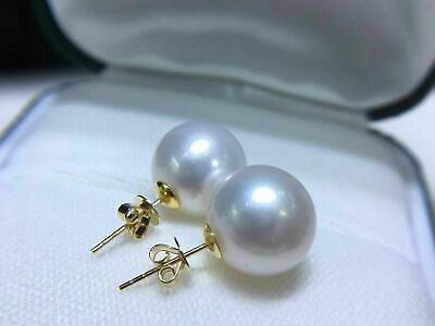 #ad Huge AAA 11 12 mm round Natural South Sea White Pearl earrings 18k yellow gold