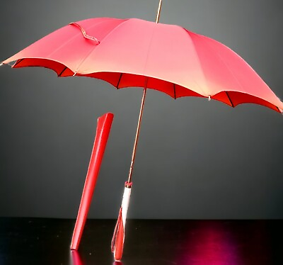 #ad Vtg Mid Mod Red Umbrella w Vinyl Covered Handle amp; Case MCM Movie Stage Prop