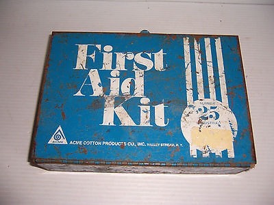 #ad Vintage blue ACME INDUSTRIAL FIRST AID KIT #25 metal wall box w some contents