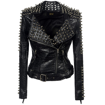 #ad Fashion Harley Womens Lady Rivet Stud Spike Leather Jacket Motor Rock Punk Coats