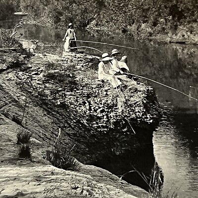 #ad Antique Bamp;W Snapshot Photograph Women Fishing From Rock Nature Peaceful