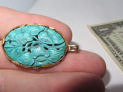 #ad 14K Turquoise Pendant Gold Genuine Carved Brooch Jewelry Vintage ef72