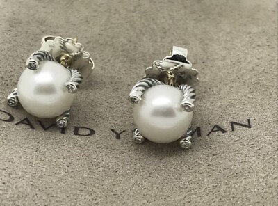 #ad David Yurman Classic Cable Sterling Silver 9.5#x27;mm Pearl amp; Diamond Stud Earrings