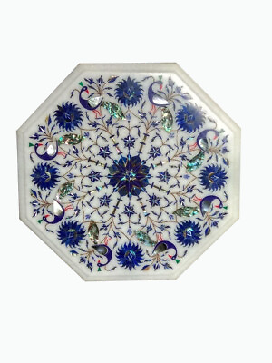#ad 12quot; Marble Table Top Semi Precious Stone Lapis Pietra Dura Art Home Decor