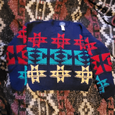 #ad Vintage Woolrich Aztec Tribal Wool Sweater Hand Knit Women#x27;s Medium