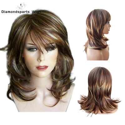 #ad Brown Curly Wig for Women Girl Synthetic Wigs with Inclined Bangs Natural Wig US