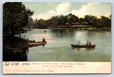 #ad Postcard TX Marlin Greetings Park Lake Scene I G N Carlsbad America Fishing L1