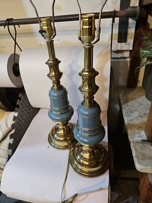 #ad MATCHING PAIR Stiffel Brass Mid century Table Lamps Blue Enamel 30quot;