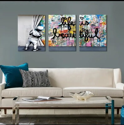 #ad BANKSY Canvas Wall Art quot; Life Is Beautiful quot; Canvas Wall Art Decor Print