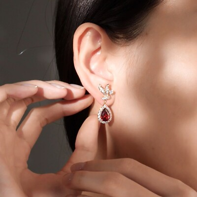 #ad 18k gold gf red pear crystal stud drop dangle symmetrical flower earrings