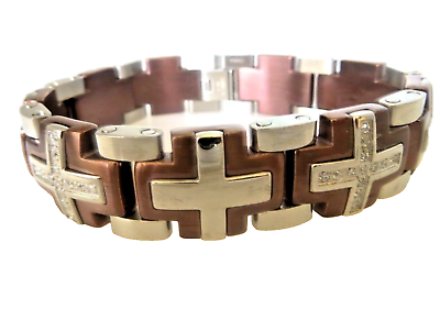 #ad Men#x27;s Stainless Steel and Brown Plated Cross CZ Design Bracelet 9 Inches Long