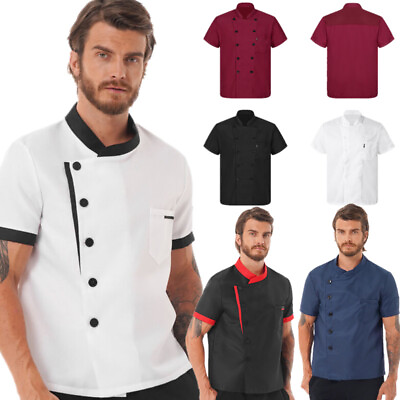 #ad US Mens Short Sleeve Chef Work Coat Jacket Restaurant Kitchen Uniform Shirt Tops