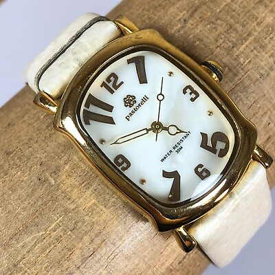 #ad Pastorelli Womens Oval Gold Tone White Leather Band Quartz Watch