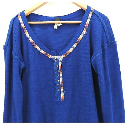 #ad We The Free People Boho Henley Thermal Shirt Top Large Neck Sleeve Trim LS Blue