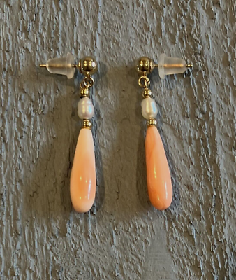 #ad Vintage 14k Yellow Gold Angel Skin Coral Tear Drop Pearl Earrings 1.25quot; Dangle