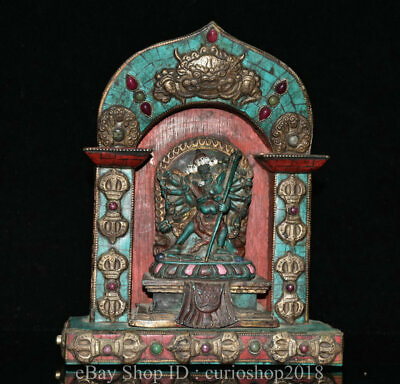 #ad 8.8quot;Old Tibet Buddhism Temple inlay turquoise Gem 1000 Hand Buddha Shrine Tangka