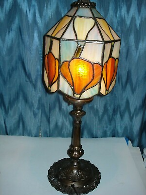 #ad VINTAGE BRASS LAMP SLAG GLASS 6 PANEL COLORFUL SHADE 3 SOCKET BULBS 3 WAY SWITC