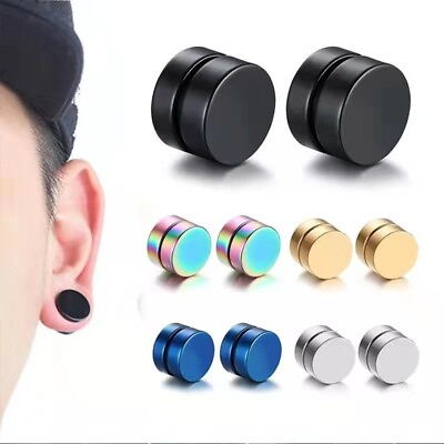 #ad Black Mens Stainless Steel Magnetic Non piercing Clip Fake Cheater Stud Earrings