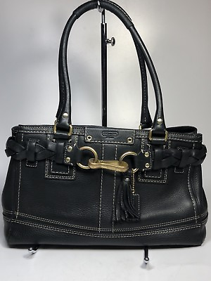 #ad Coach Leather Hamptons 10528 Black Leather Brass Handbag EUC