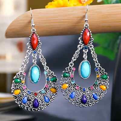 #ad Boho 925 Sterling Silver Vintage Tibetan Tibet Turquoise Dangle Hook Earrings