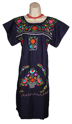 #ad Navy Blue Boho Vintage Style Hand Embroidered Tunic Mexican Dress Hippie Puebla