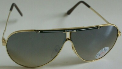 #ad NWT True Vintage 90#x27;s aviator gold frm smoke mirrored w quot;sportquot; logo sunglasses