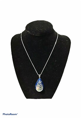 #ad Blue Pendant Floral Teardrop Necklace Plastic Silver Chain 16quot;