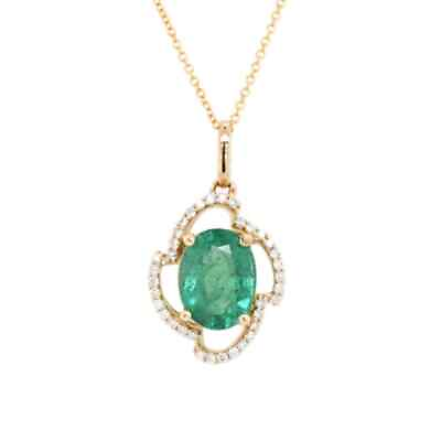 #ad 14k Yellow Gold Zambian Emerald and Accented Diamonds Vintage Pendant Jewelry