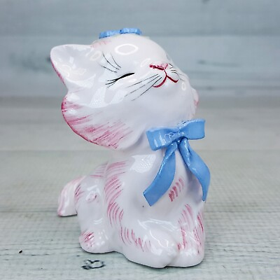#ad Vintage 3quot; Porcelain White Pink Kitty Cat Figurine w Blue Flowers amp; Bow Japan