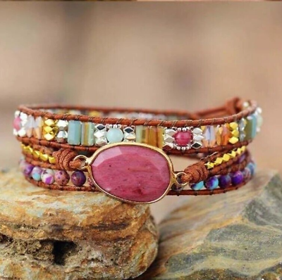 #ad Natural Gemstone 3 Strands Bohemian Handmade Healing Meditation Wrap Bracelet $16.97