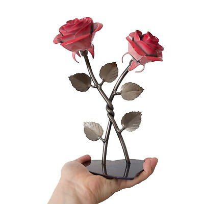 #ad Hand Forged Double Red Metal Rose with Twist Iron Anniversary Gift