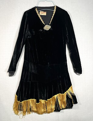 #ad ANTIQUE 1920s Black Gold Velvet Dress Fringe Long Sleeve Vintage 20s 30s A23